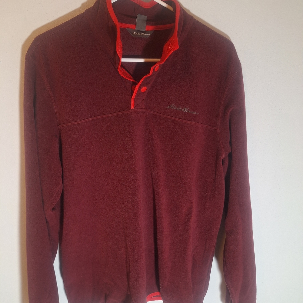 Eddie Bauer Burgundy Fleece Pullover Sweatshirt Mock Neck Button Logo Mens